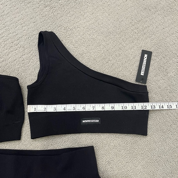 🩷 3 piece workout set Nova Sport Small Ribbed Black biker shorts sports bra crop - Picture 7 of 7